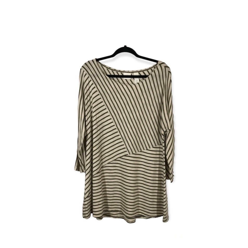 Chico's Green Stripe Blouse 3/4 Sleeve Round Neck Soft Women's Size 2 Top Casual